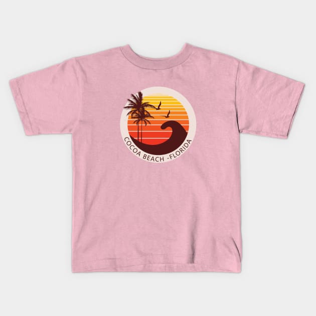 Cocoa Beach Florida Retro Sunset Design Kids T-Shirt by AdrianaHolmesArt